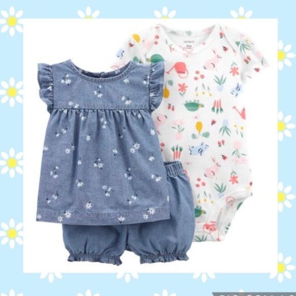 Carter’s Baby girl 3 Pc Set Body Suit, Shorts, Blouse Set 3 M (#5501)